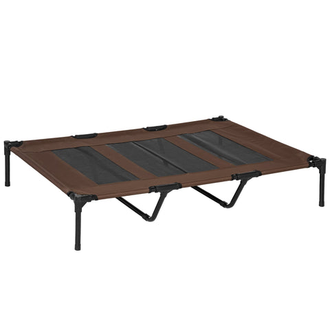 Brown fabric dog bed with black metal frame and breathable mesh panels lets air flow for indoor outdoor use
