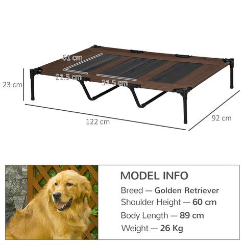 Brown and black raised dog bed with collapsible metal frame and breathable mesh lets air flow for indoor outdoor use