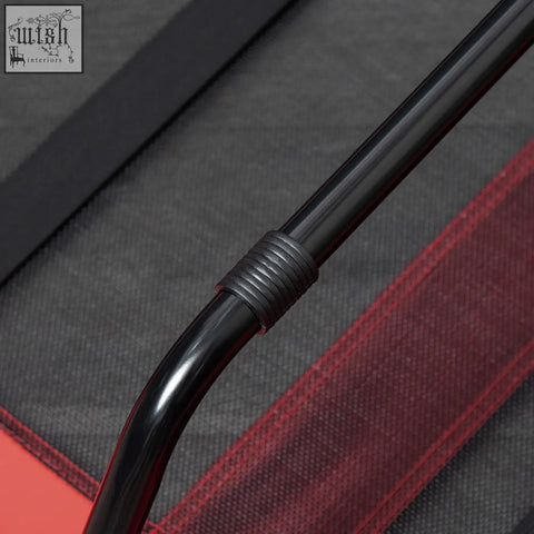 Black curved metal rod with ribbed grip on pawhut red raised dog bed that lets air flow for indoor outdoor use