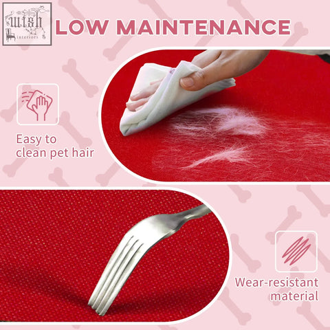 Red textured fabric dog bed mat with wear-resistant material that lets air flow for indoor outdoor use