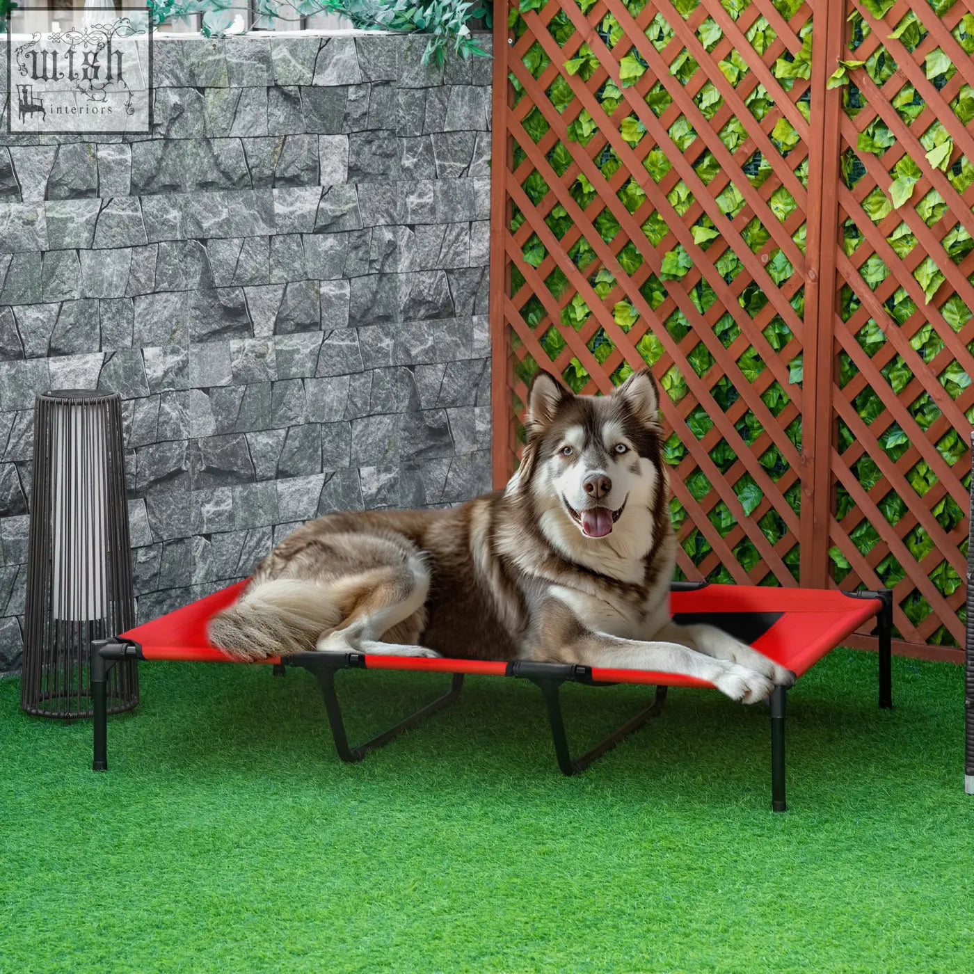 Red and black pawhut foldable dog bed with sturdy metal frame and breathable mesh lets air flow for indoor outdoor use