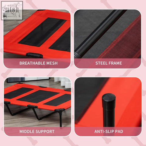 Red and black breathable mesh dog bed with steel frame lets air flow for indoor outdoor use xx large size