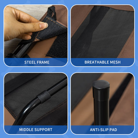 Black steel-framed pawhut raised dog bed with brown breathable mesh fabric that lets air flow for indoor outdoor use