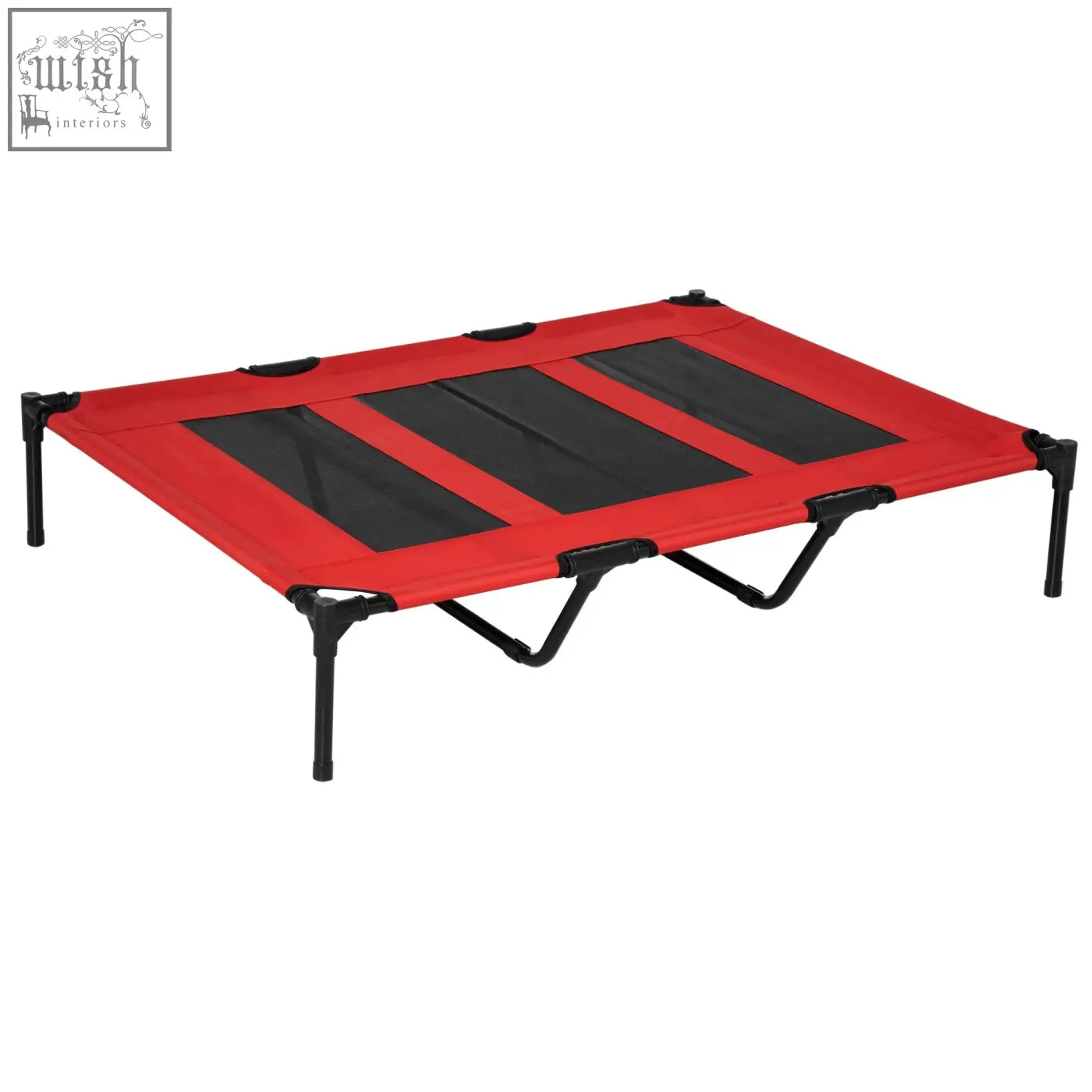 Red fabric dog bed with black mesh panels and metal legs lets air flow for indoor outdoor use pawhut elevated pet cot