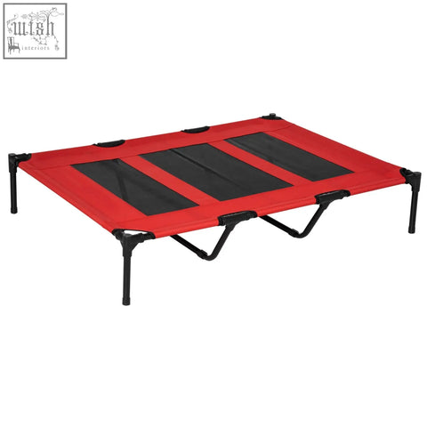 Red fabric dog bed with black mesh panels and metal legs lets air flow for indoor outdoor use pawhut elevated pet cot
