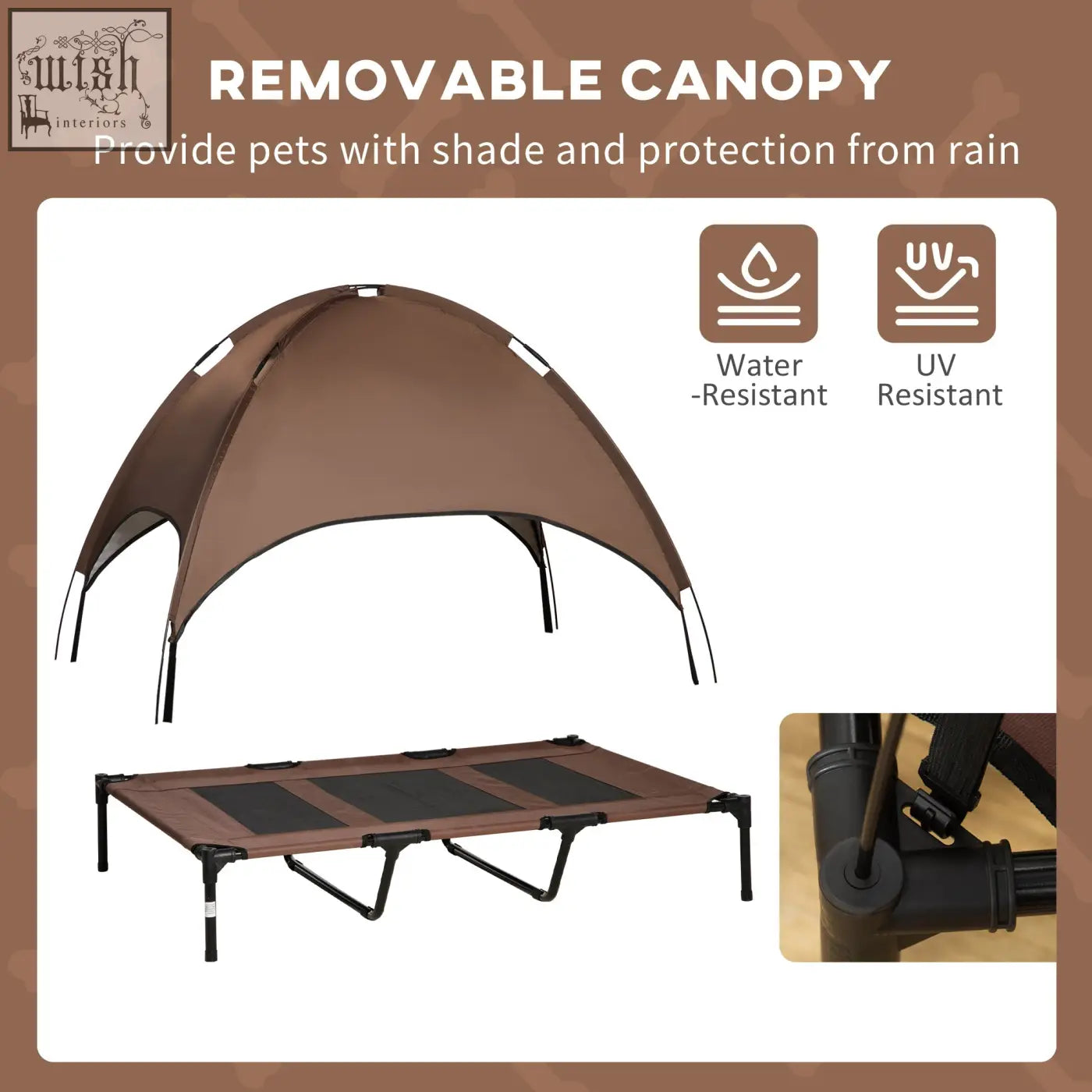 Brown removable canopy with water-resistant uv-resistant fabric on pawhut elevated dog bed for xl dogs