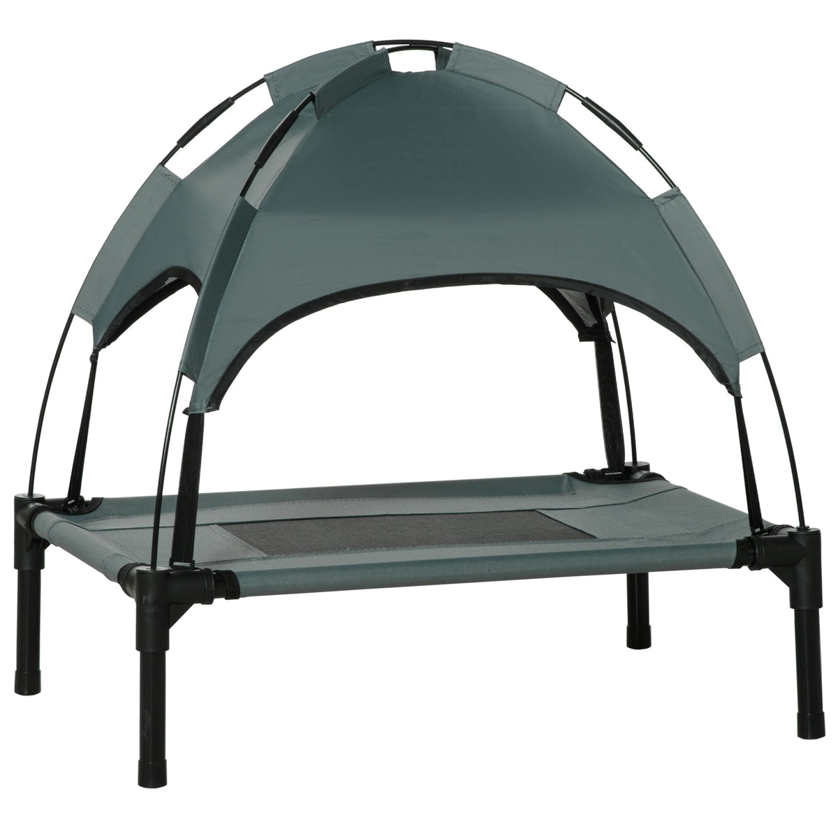 Gray fabric elevated pet bed with black metal frame and breathable canopy for small dogs 61x46x62cm