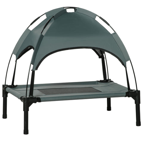Gray fabric elevated pet bed with black metal frame and breathable canopy for small dogs 61x46x62cm