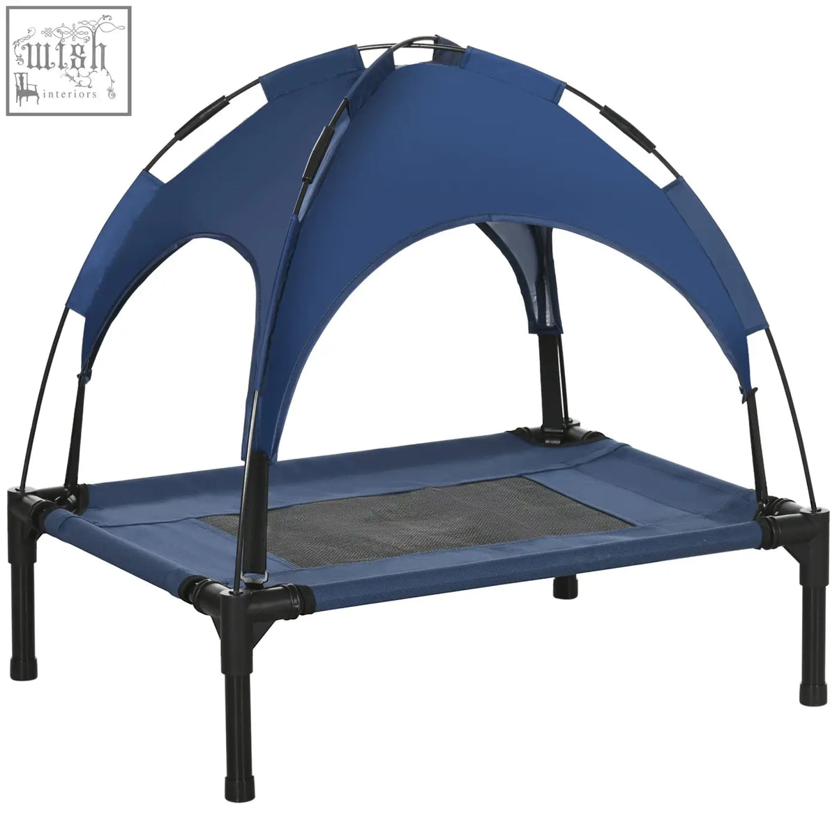 Blue fabric elevated dog bed with canopy and black metal frame for small dogs by PawHut