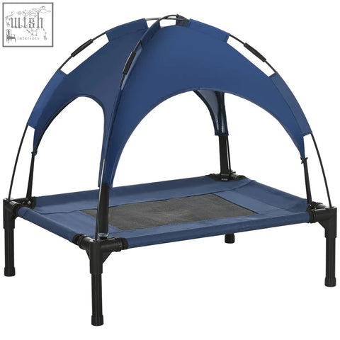 Blue fabric elevated dog bed with canopy and black metal frame for small dogs by PawHut