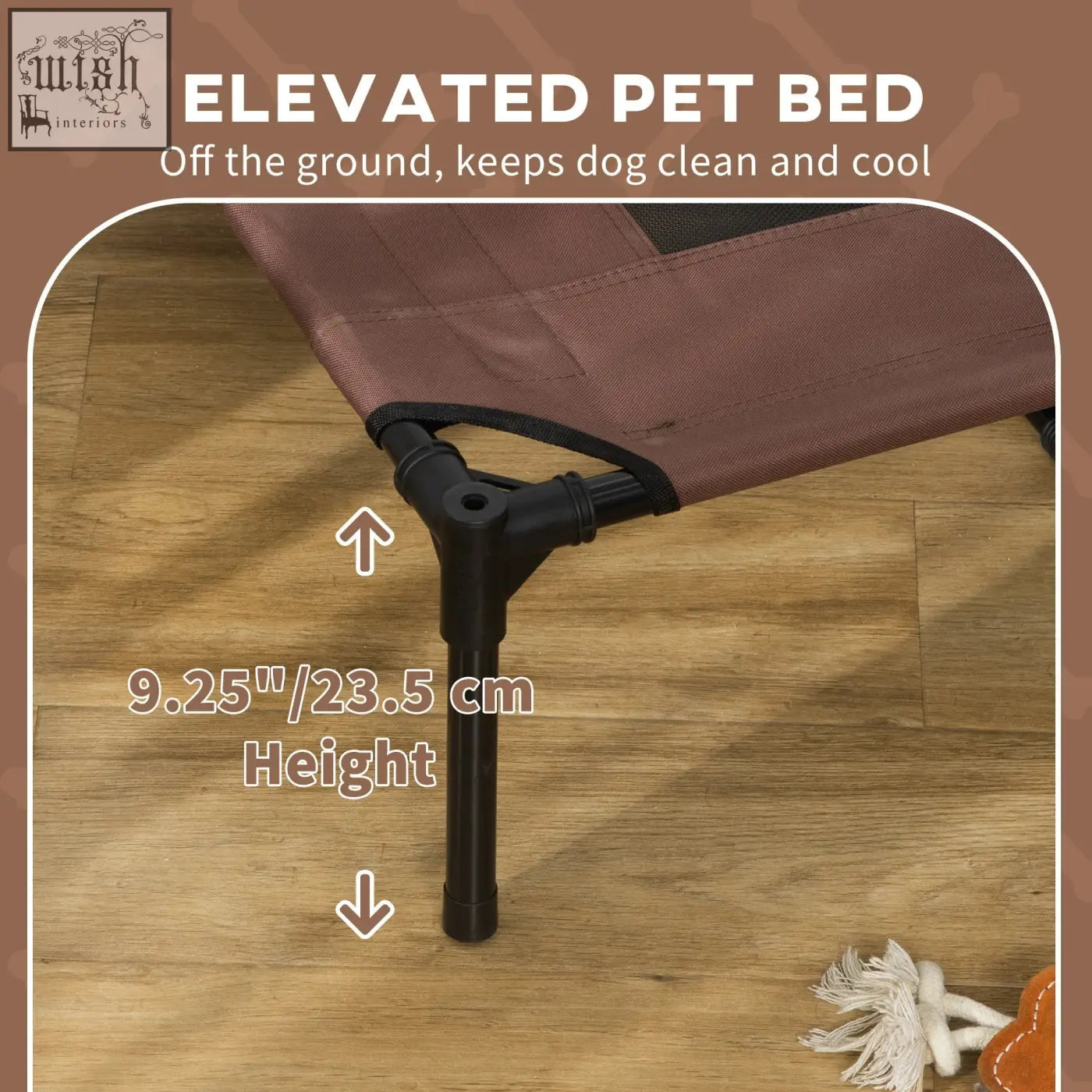 Brown elevated dog bed with black plastic legs and breathable mesh to keep dogs clean and cool off the ground