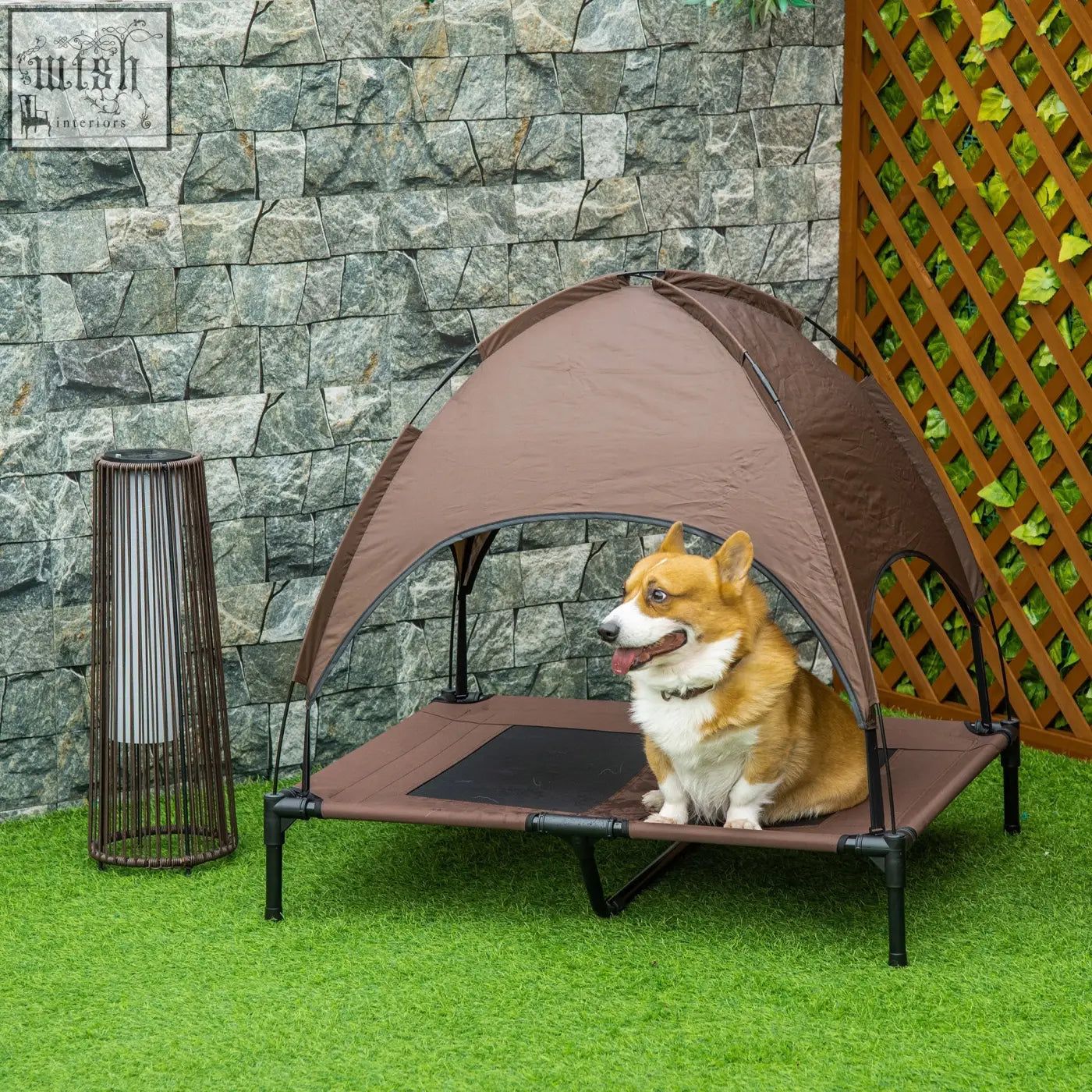 Brown fabric elevated dog bed with black metal frame and canopy roof for large dogs comfort and uv protection