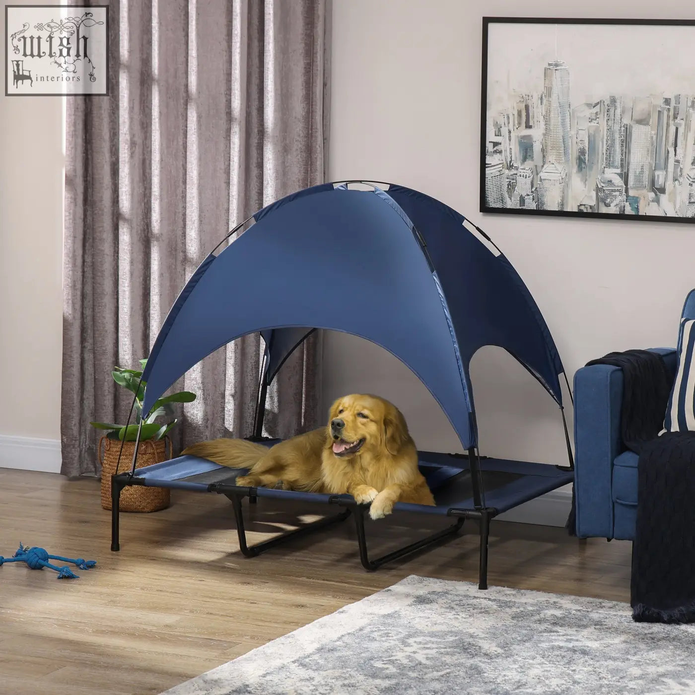 Blue fabric elevated dog bed with canopy and black metal frame for xl dogs by pawhut