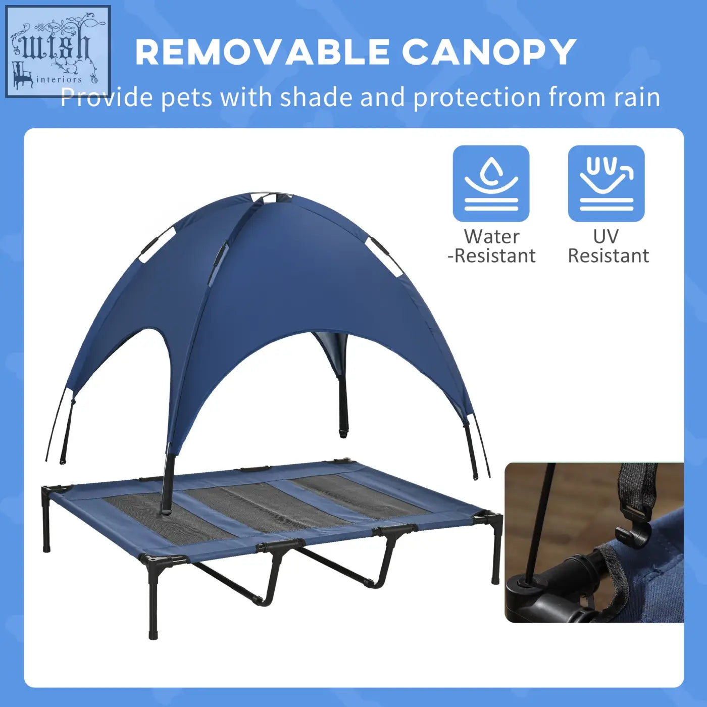 Blue removable canopy with water resistant uv protection and black poles on pawhut elevated dog bed for xl dogs