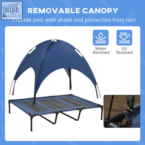 Blue removable canopy with water resistant uv protection and black poles on pawhut elevated dog bed for xl dogs