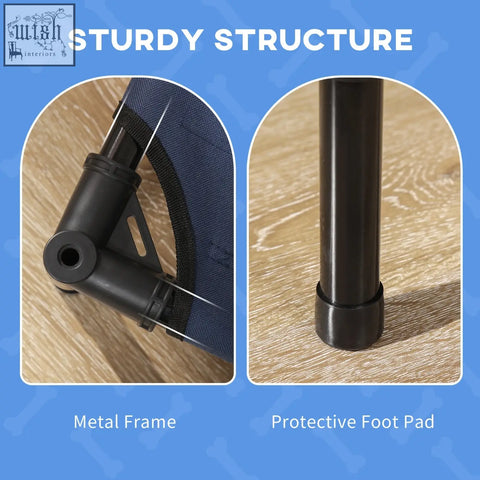 Black metal frame with protective foot pads and sturdy joints of pawhut elevated dog bed in blue for large dogs