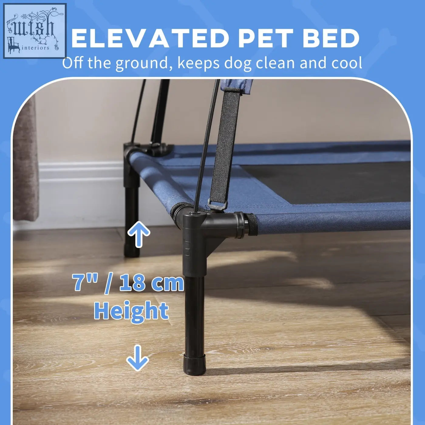 Blue elevated dog bed with black metal frame and adjustable legs for small dogs with breathable mesh canopy