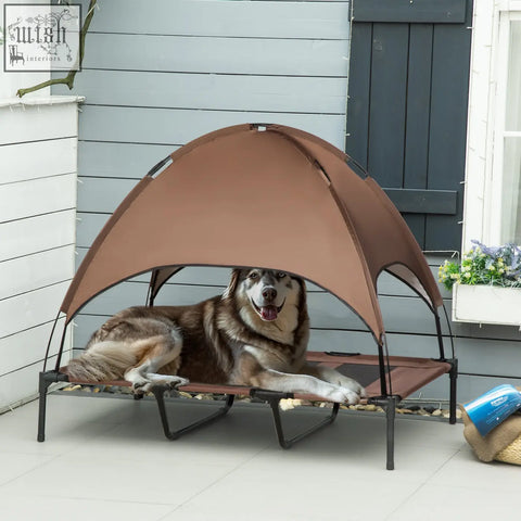 Brown fabric elevated dog bed with black metal frame and mesh sides for outdoor use by pawhut