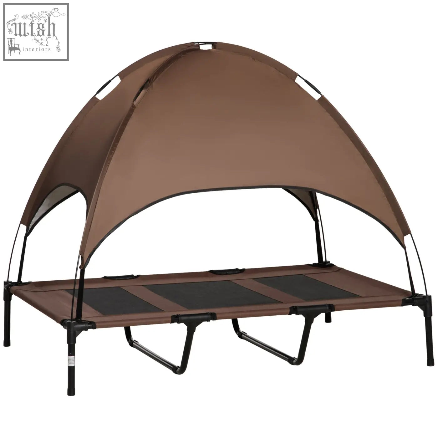 Brown fabric elevated dog bed with black metal frame and breathable canopy for xl dogs by pawhut