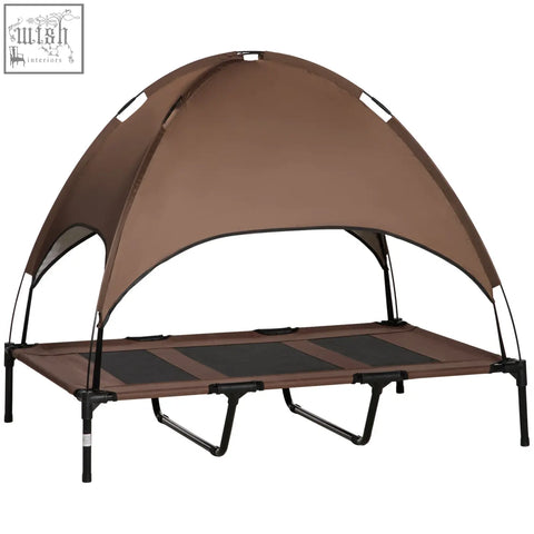 Brown fabric elevated dog bed with black metal frame and breathable canopy for xl dogs by pawhut