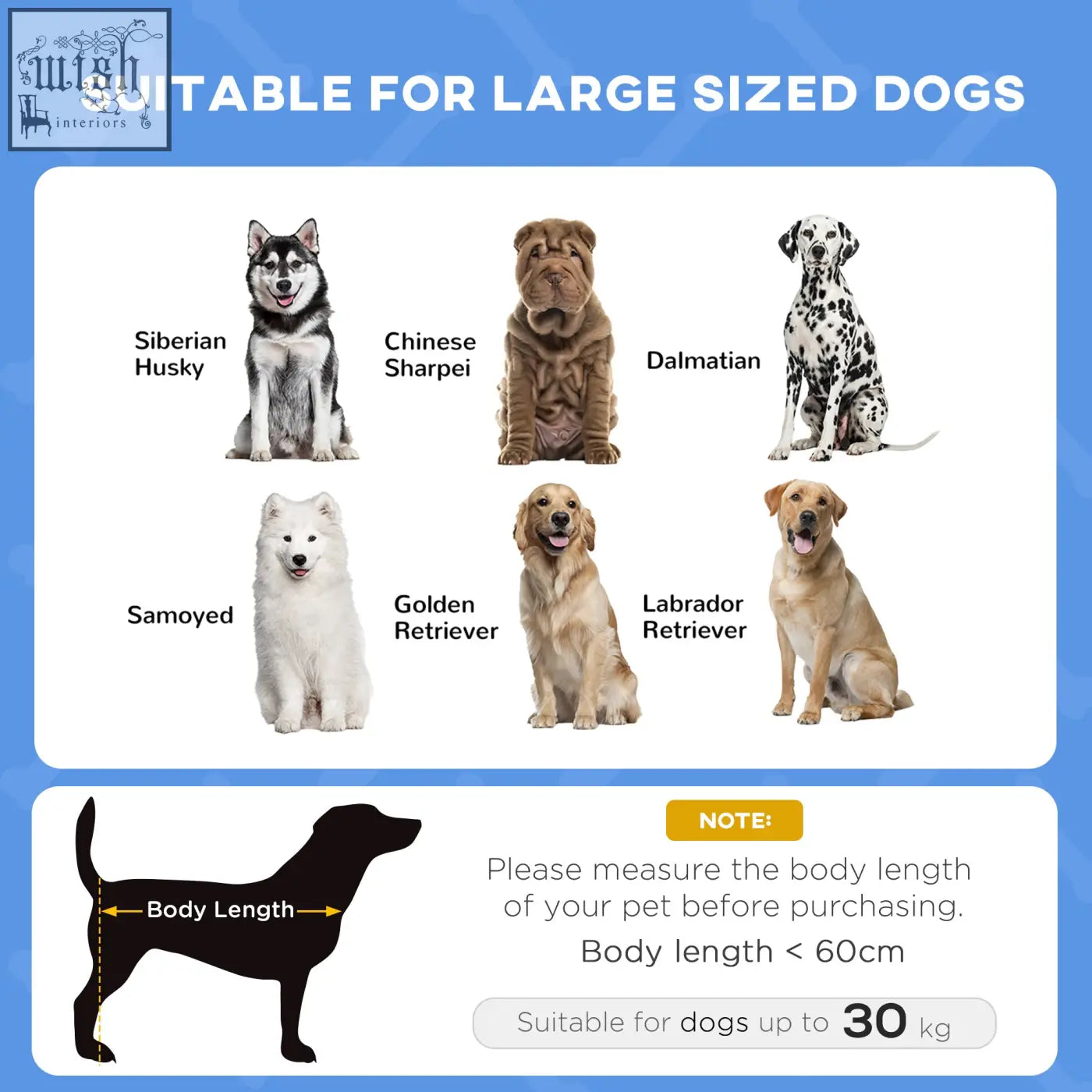 Product label for pawhut blue elevated dog bed with breathable mesh and uv canopy for large dogs including husky and labrador