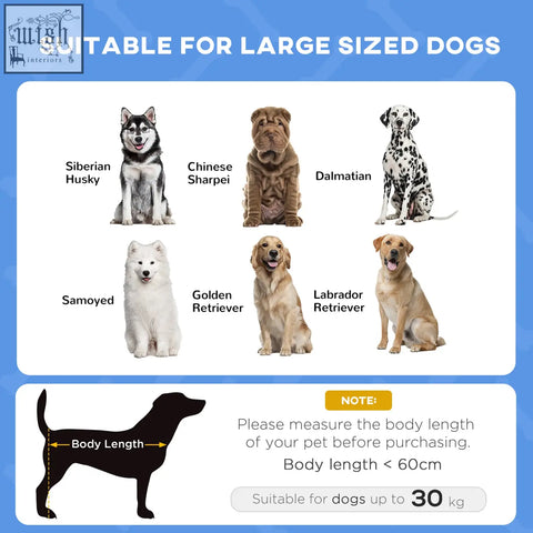 Product label for pawhut blue elevated dog bed with breathable mesh and uv canopy for large dogs including husky and labrador