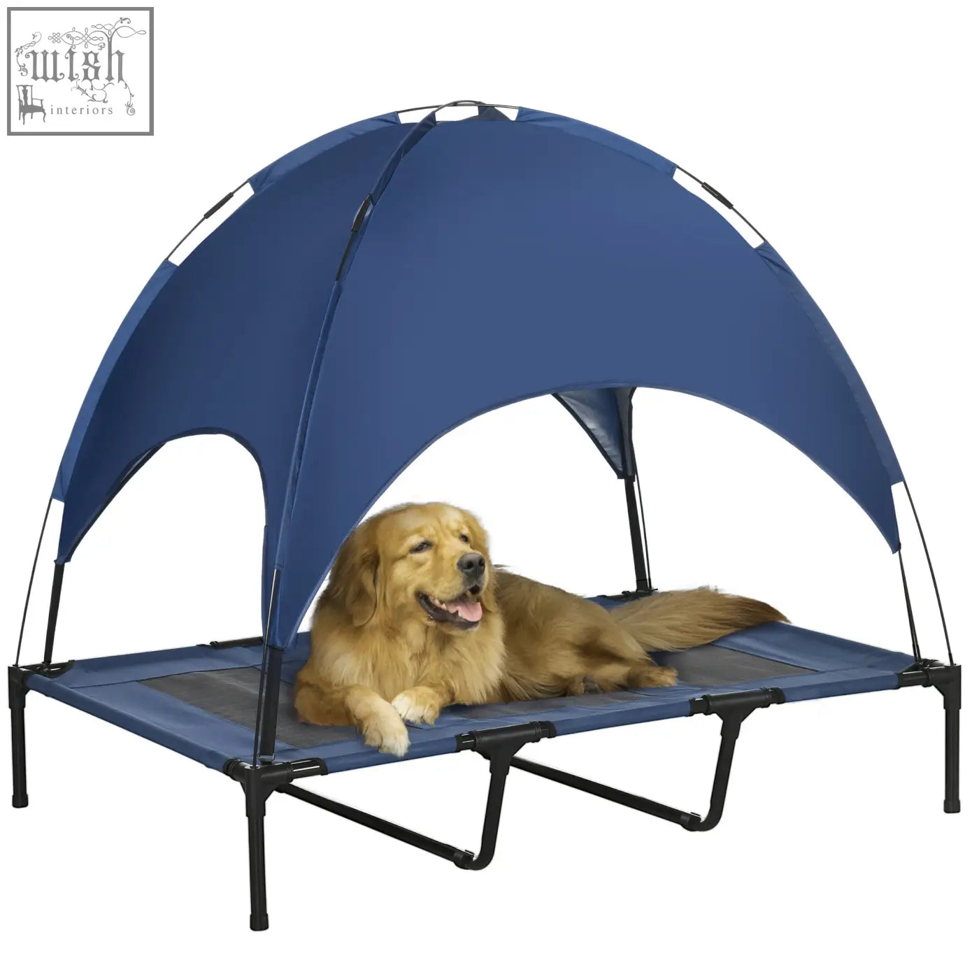 Blue fabric elevated dog bed with black metal frame and uv protection canopy for xl dogs by PawHut