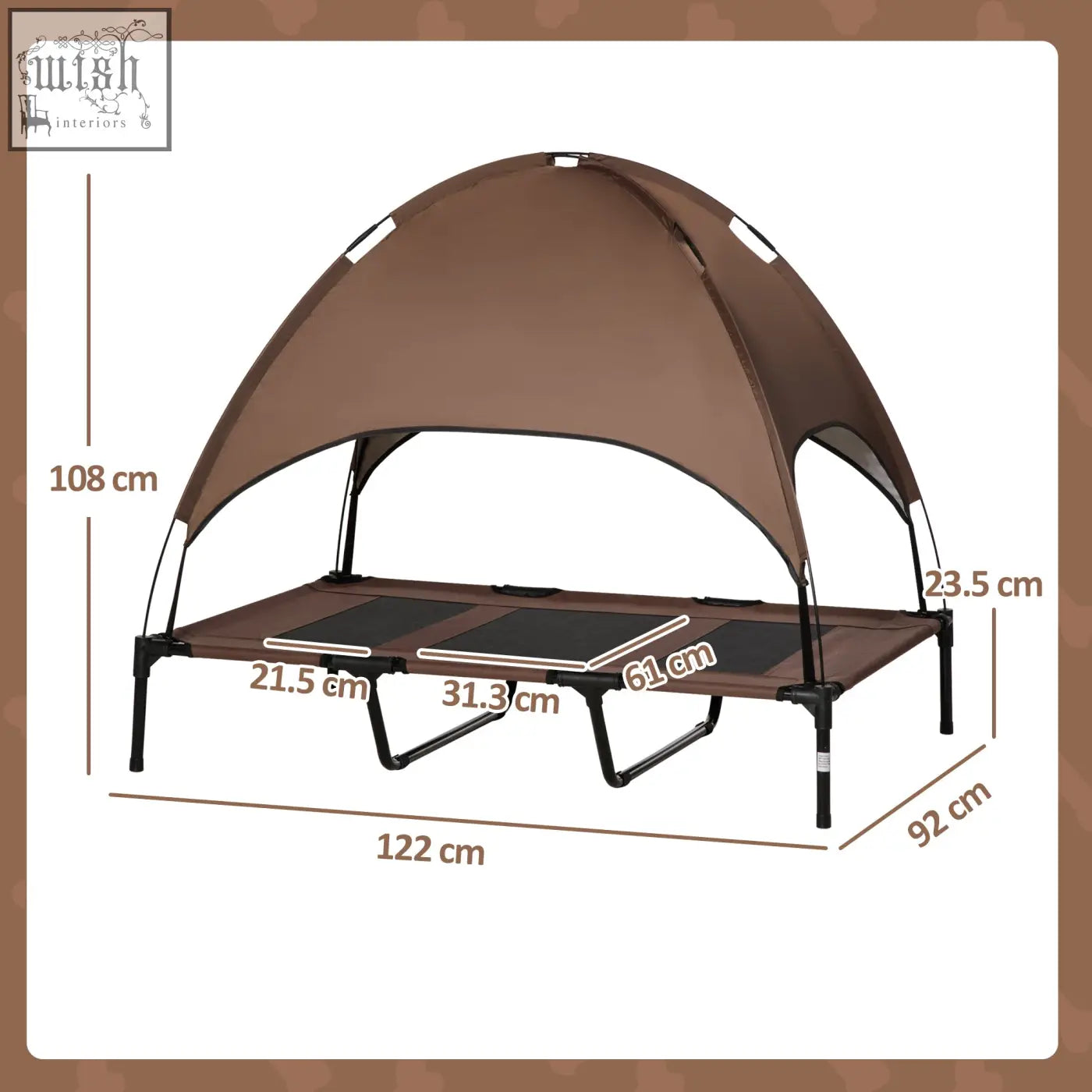 Brown fabric elevated dog bed with black metal frame and canopy for xl dogs by pawhut