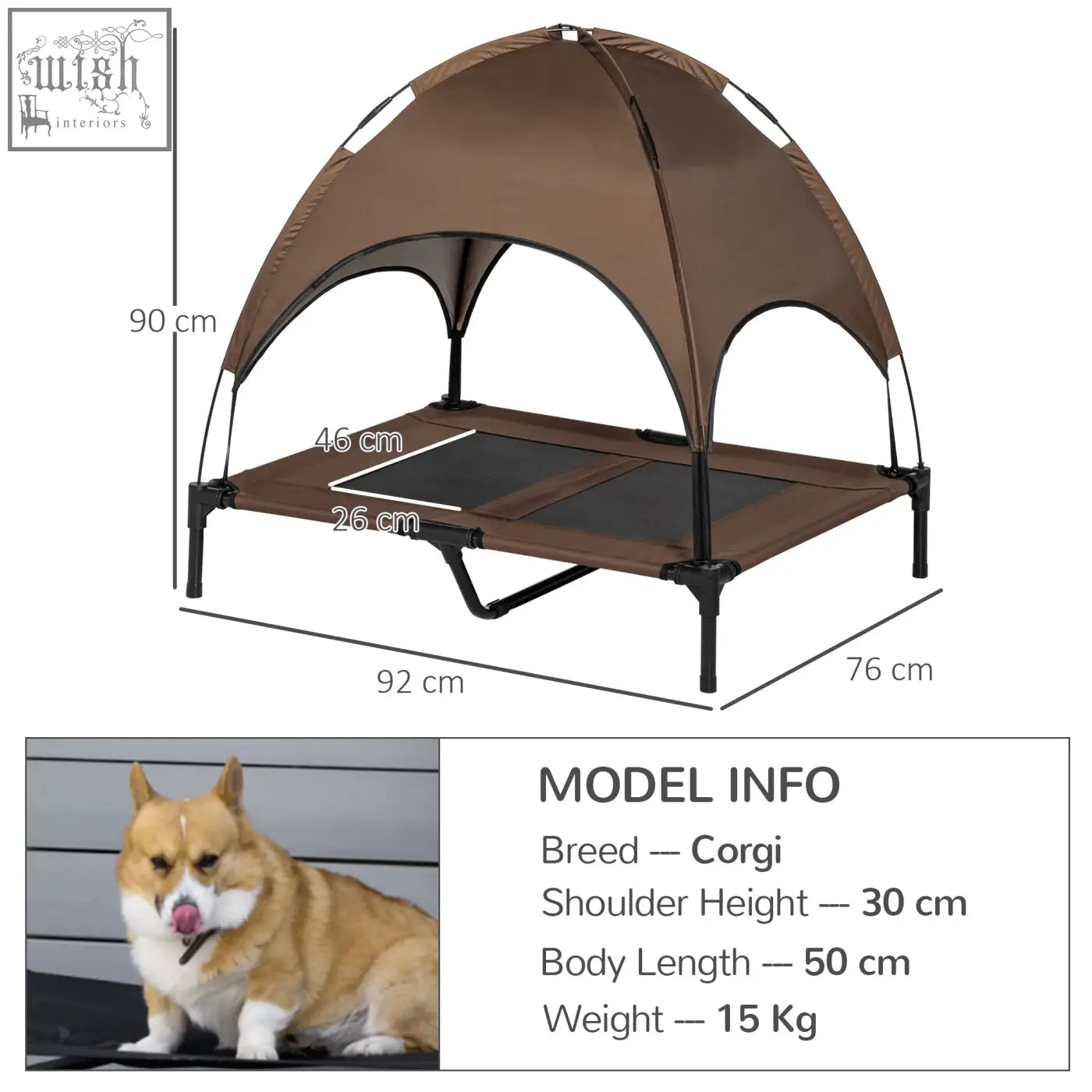Brown fabric dog bed with canopy roof and black metal frame elevated dog bed perfect for large dogs