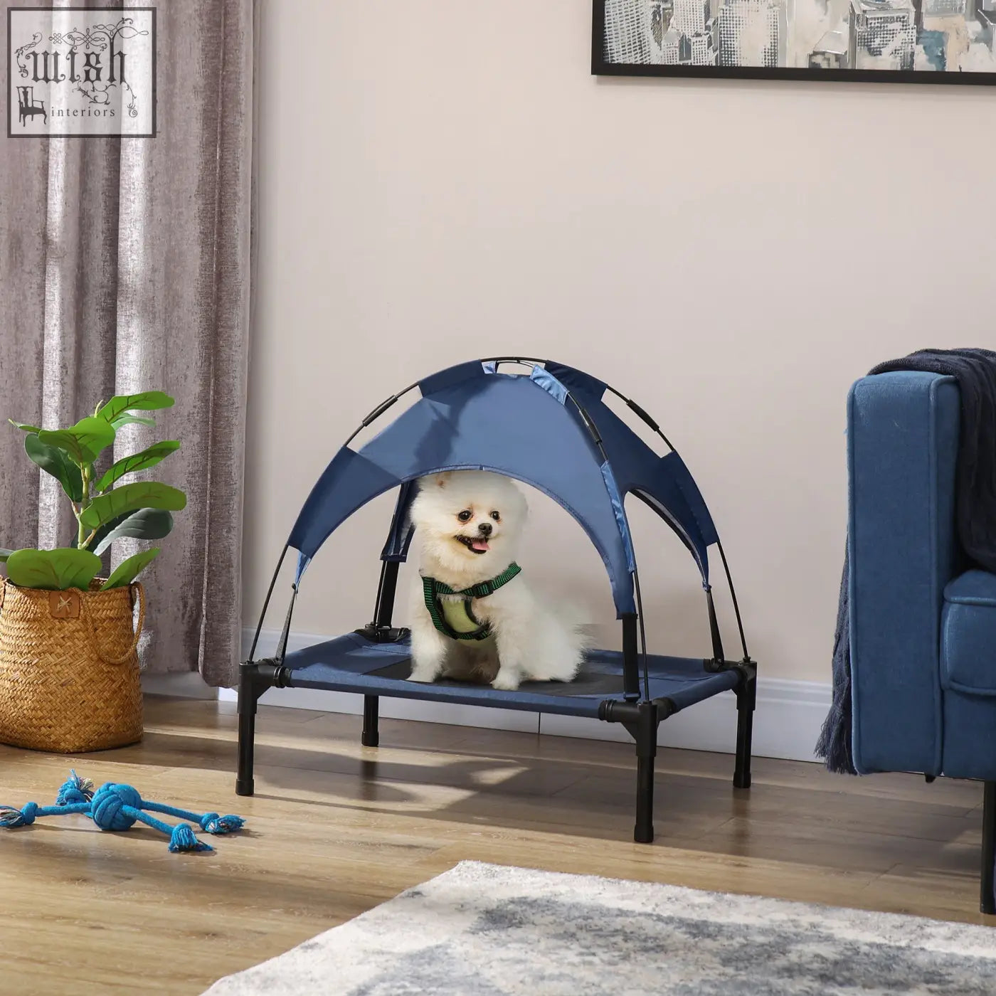 Blue pawhut elevated dog bed for small dogs with waterproof fabric canopy and black metal frame