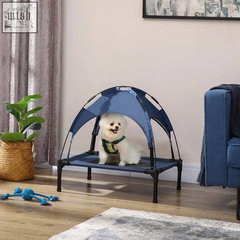 Blue pawhut elevated dog bed for small dogs with waterproof fabric canopy and black metal frame