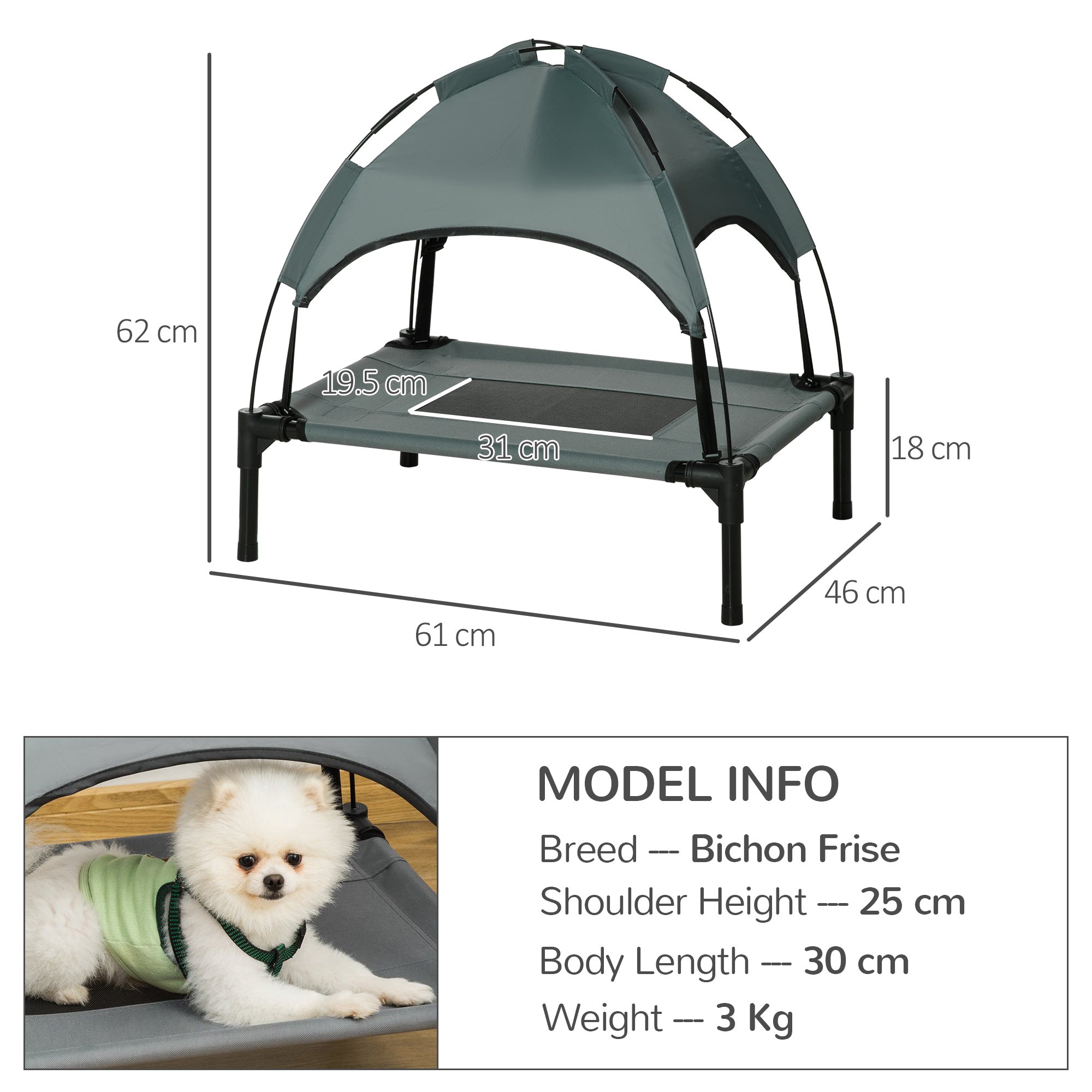 Gray fabric elevated pet bed with black metal frame and breathable canopy for small dogs 61 x 46 x 62cm