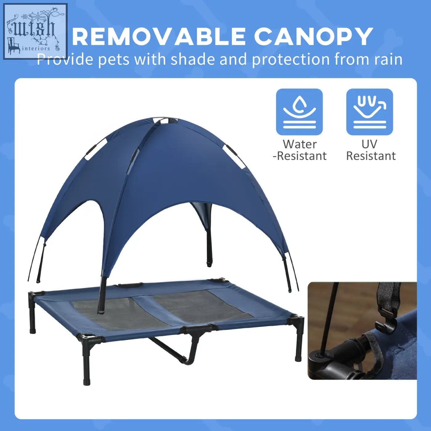 Blue elevated dog bed with removable water-resistant uv-resistant canopy and breathable mesh for large dogs