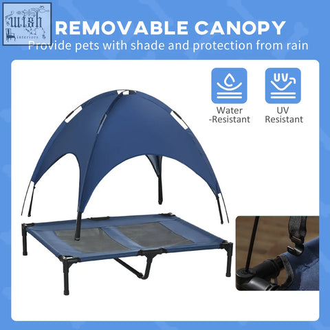 Blue elevated dog bed with removable water-resistant uv-resistant canopy and breathable mesh for large dogs