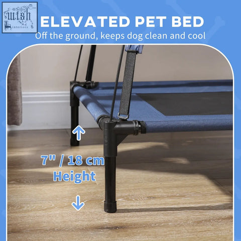 Blue elevated dog bed with black metal frame and adjustable height legs from PawHut raised dog bed for large dogs