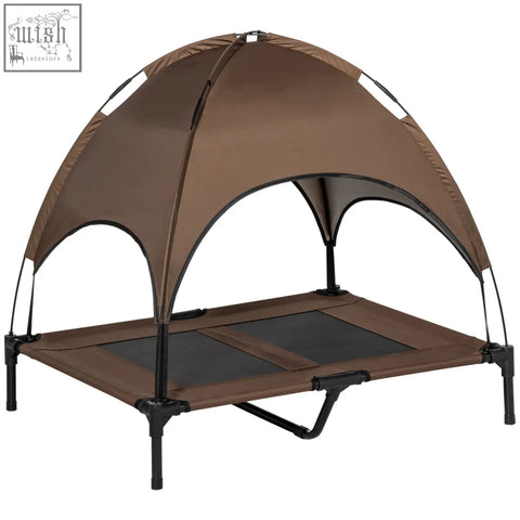 Brown fabric elevated dog bed with canopy and black metal frame for large dogs by pawhut