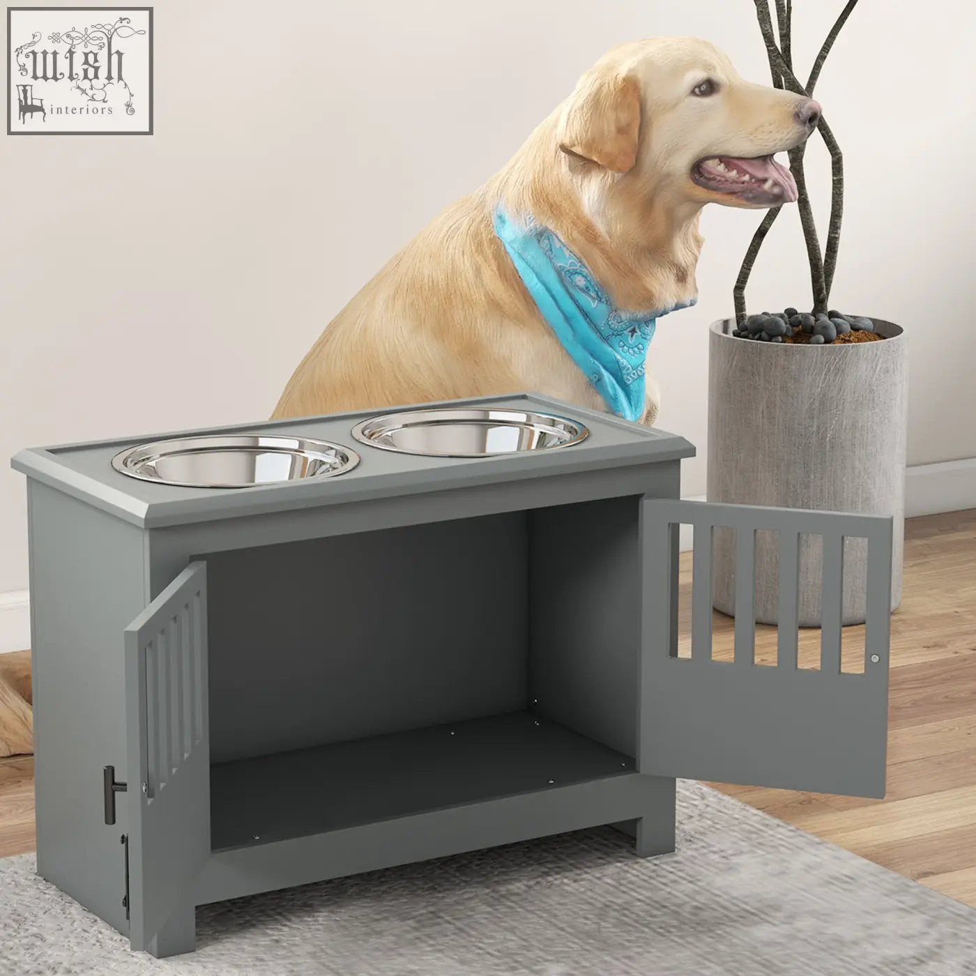 Gray wooden pawhut raised dog feeding station with two stainless steel bowls and open storage doors