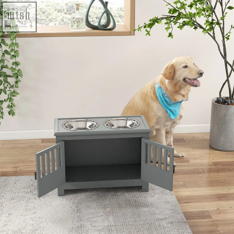 Gray wooden pawhut raised dog feeder with stainless steel bowls and slatted doors feeding station for large dogs