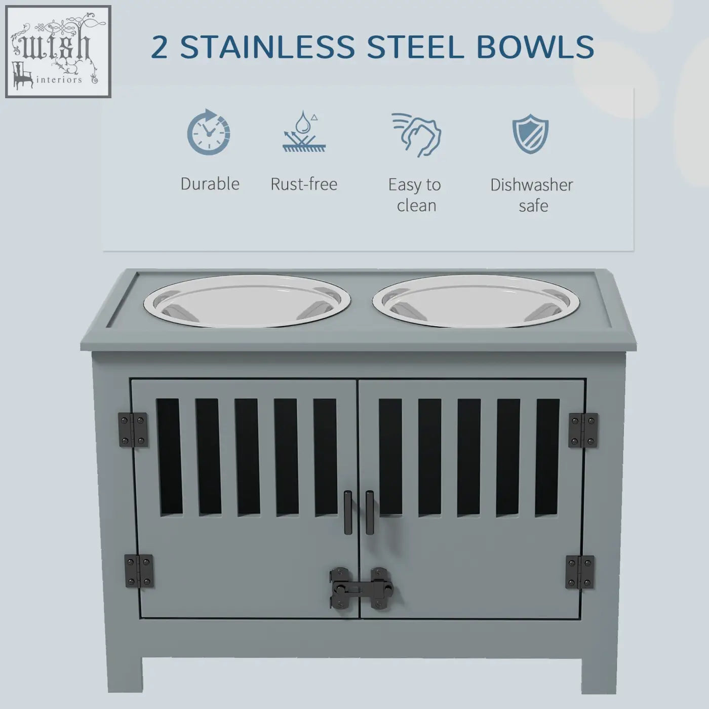 Gray wooden pawhut feeding station with two stainless steel bowls built in for large dogs food and water