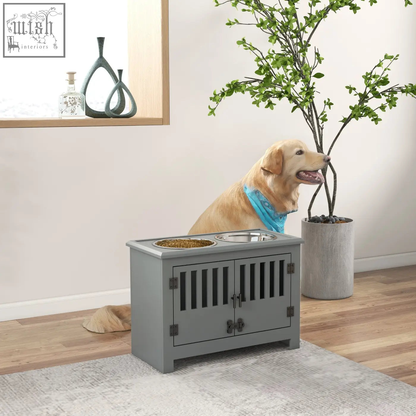 Gray wooden pawhut raised dog feeder with storage and two stainless steel bowls feeding station for large dogs