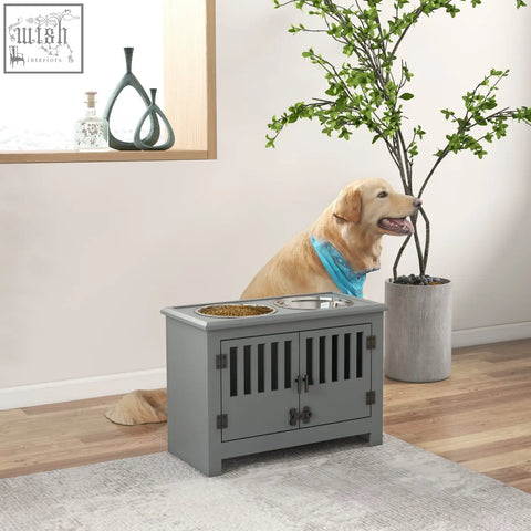 Gray wooden pawhut raised dog feeder with storage and two stainless steel bowls feeding station for large dogs