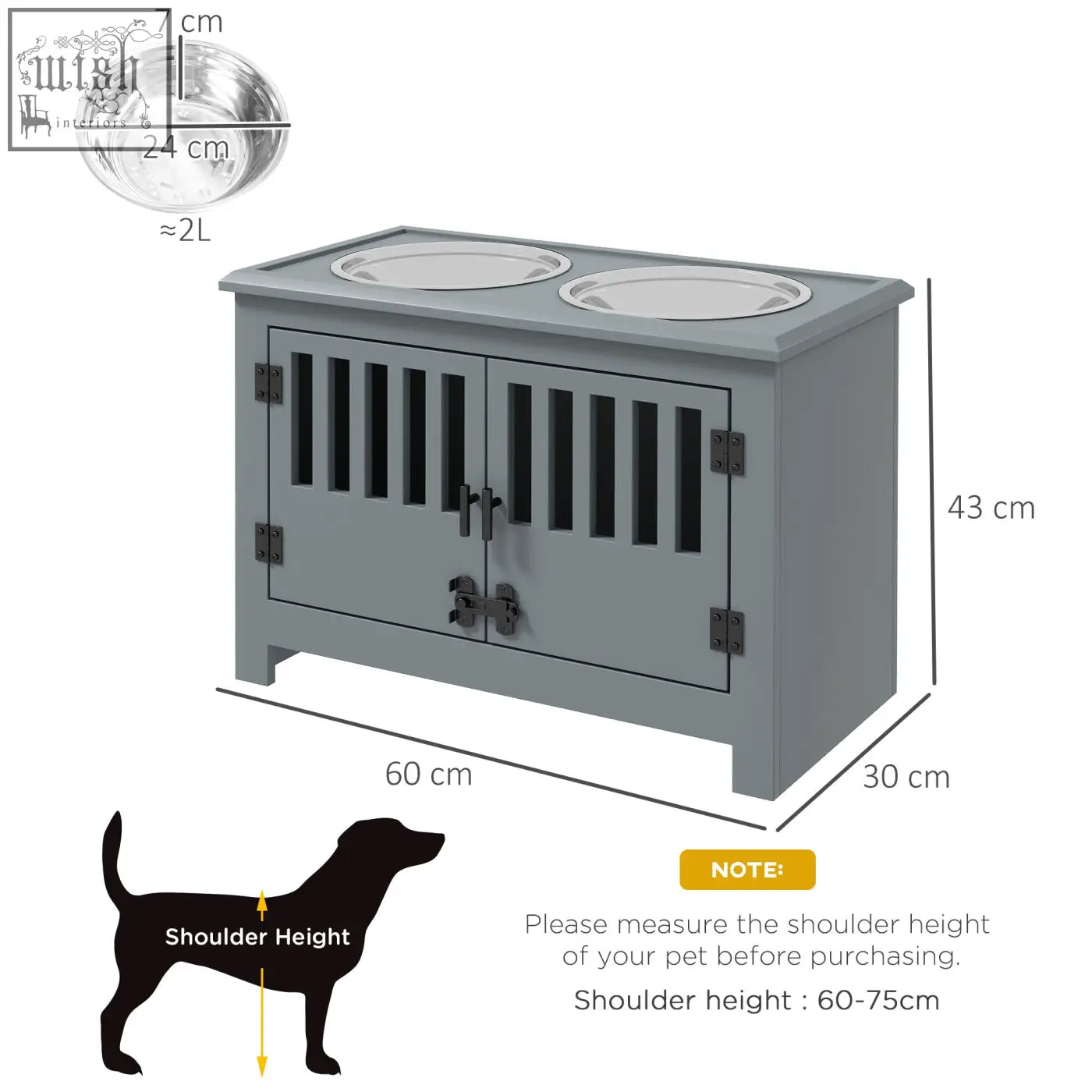 Gray wooden pawhut raised dog feeding station with black metal latches and two stainless steel bowls for large dogs