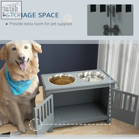 Gray wooden pawhut raised dog feeding station with two stainless steel bowls and storage for large dogs