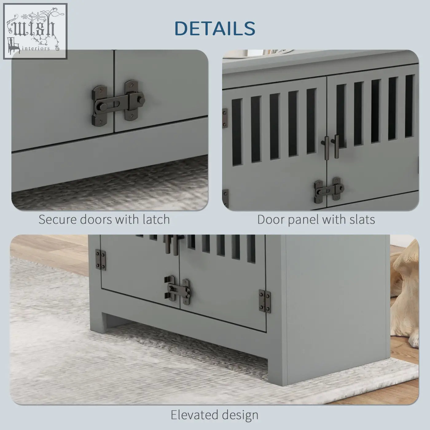 Gray pet carrier with slatted doors and metal latches for easy transport with stainless steel feeding station bowls