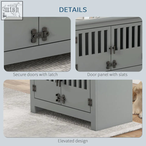 Gray pet carrier with slatted doors and metal latches for easy transport with stainless steel feeding station bowls