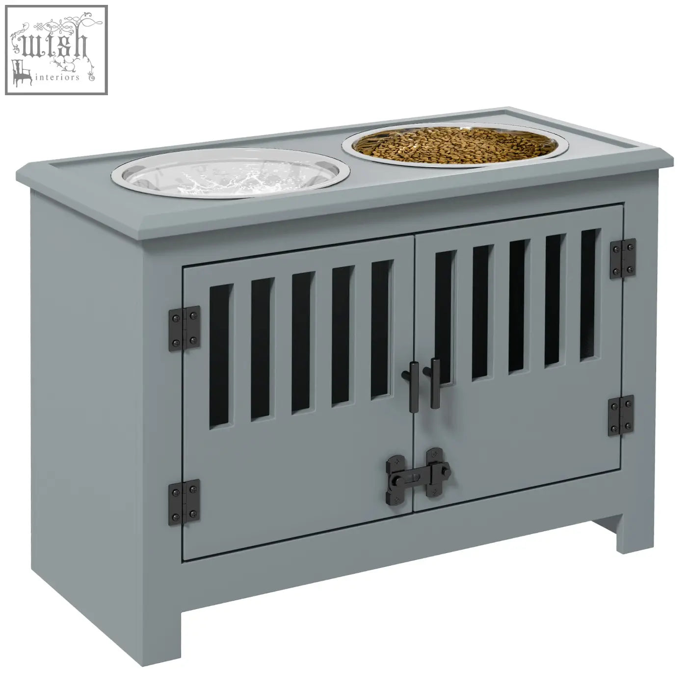 Gray wooden pawhut raised dog feeding station with stainless steel bowls for food and water storage for large dogs