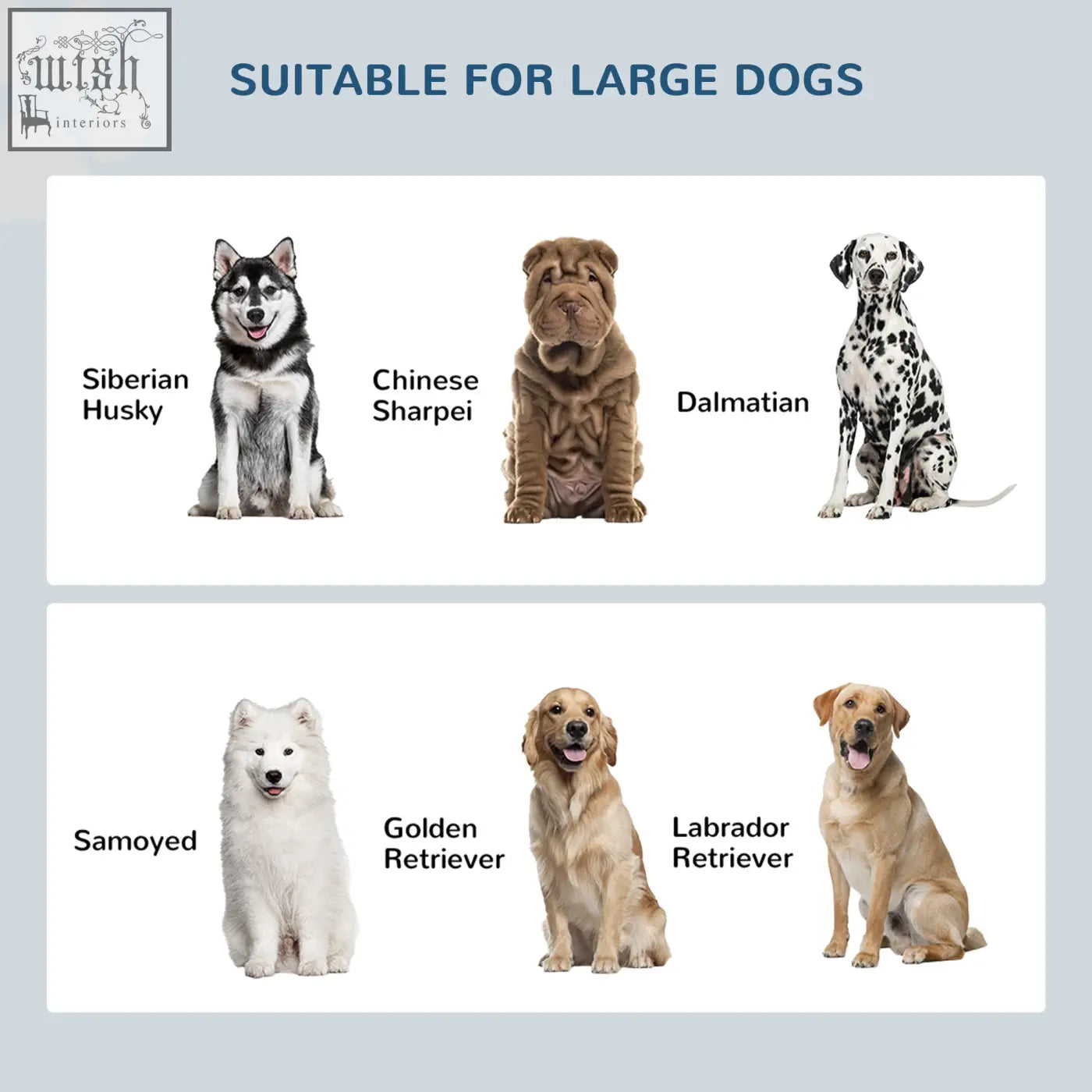 Pawhut raised pet feeder in black with stainless steel bowls and storage, shown with six different dog breeds