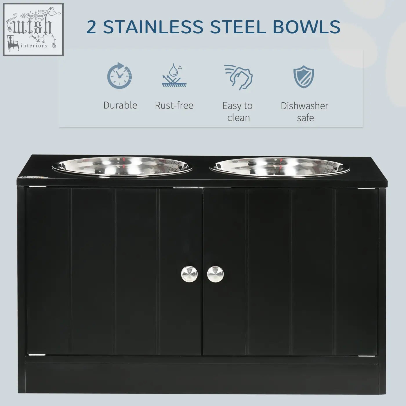 Black pawhut raised pet feeder with storage and two stainless steel bowls embedded in top surface