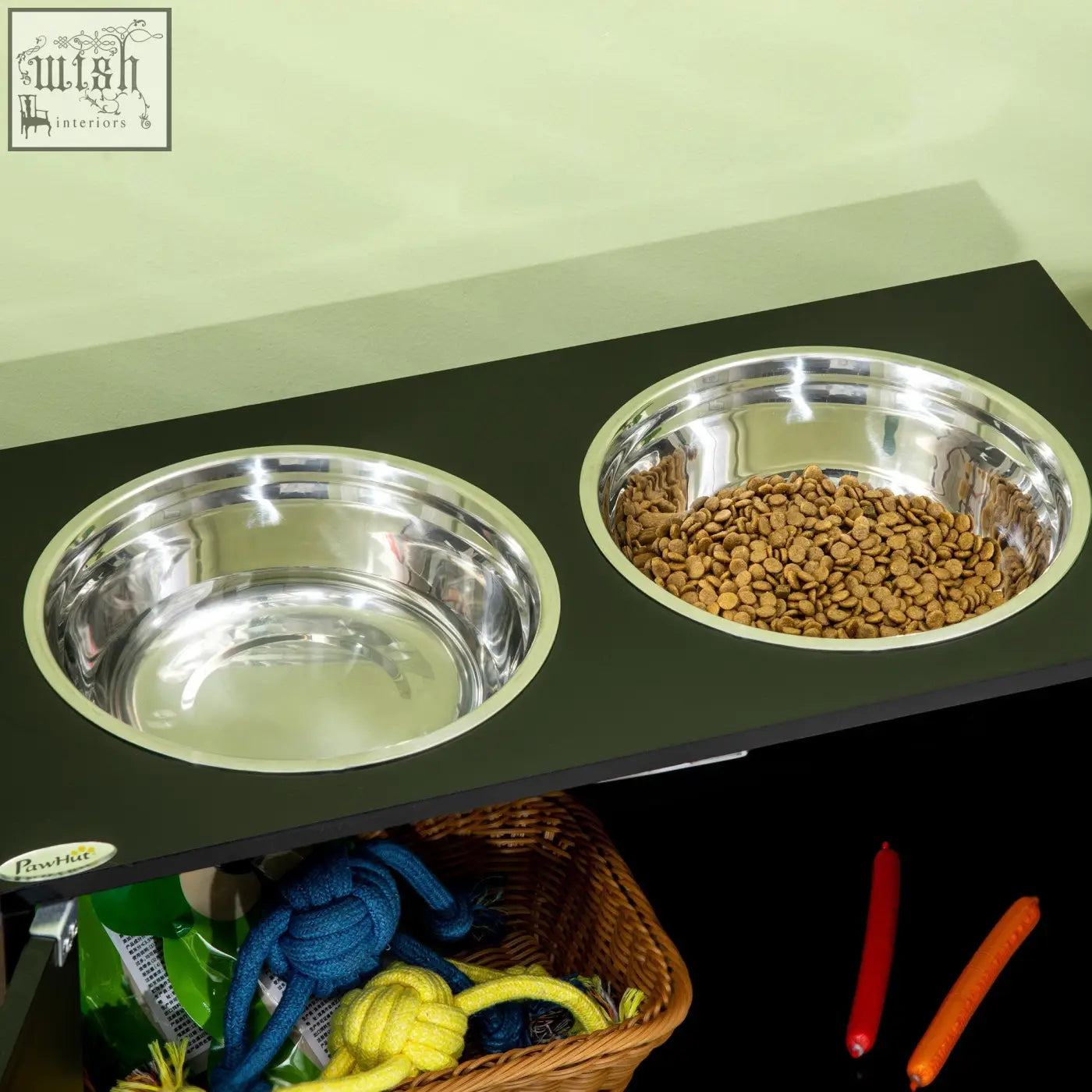 Pawhut raised pet feeder with two stainless steel bowls on black tray one filled with kibble and one empty