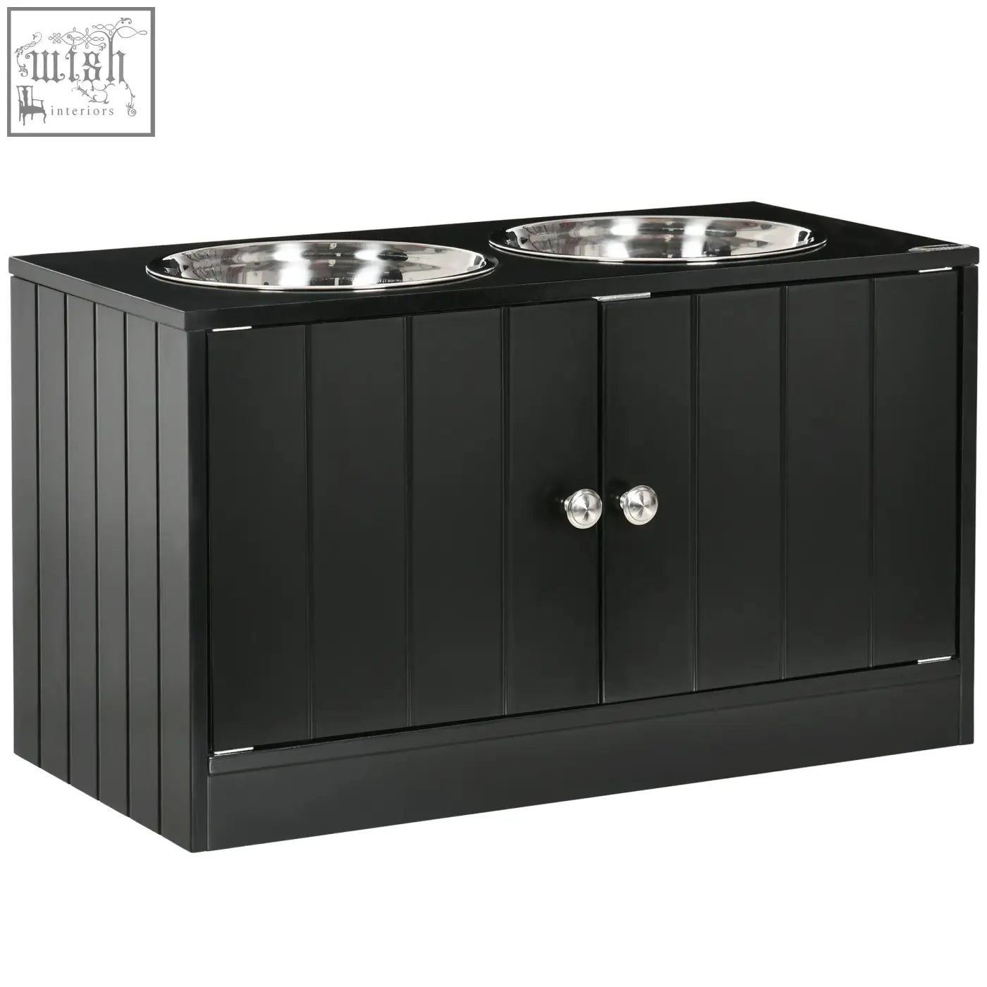 Black wooden pawhut raised pet feeder with two stainless steel bowls and storage for easy feeding